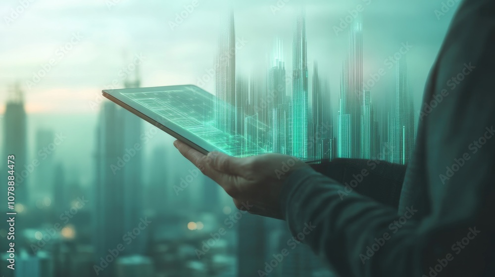 Poster futuristic technology concept of virtual urban landscape displayed on tablet device held by individu