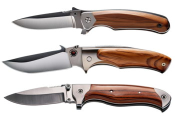 A collection of three elegant folding knives featuring wooden handles and sleek stainless steel blades.