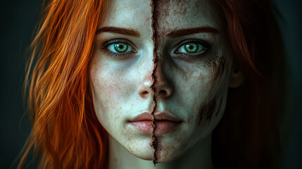 Secrets of Time Captured in the Eyes: Portrait of a Beautiful Redhead Woman with Emerald Eyes, Where Half of Her Face Reflects Beauty and the Other Half Shows Traces of Torture.