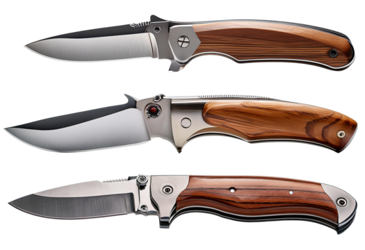A collection of three elegant folding knives featuring wooden handles and sleek stainless steel blades.