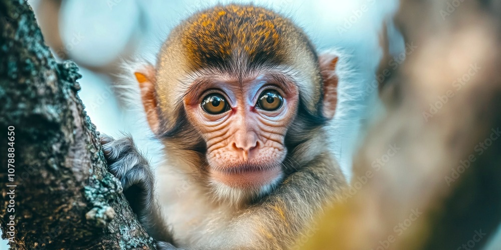 Poster a curious monkey sits on a tree branch. its big eyes and expressive face draw attention. this image 