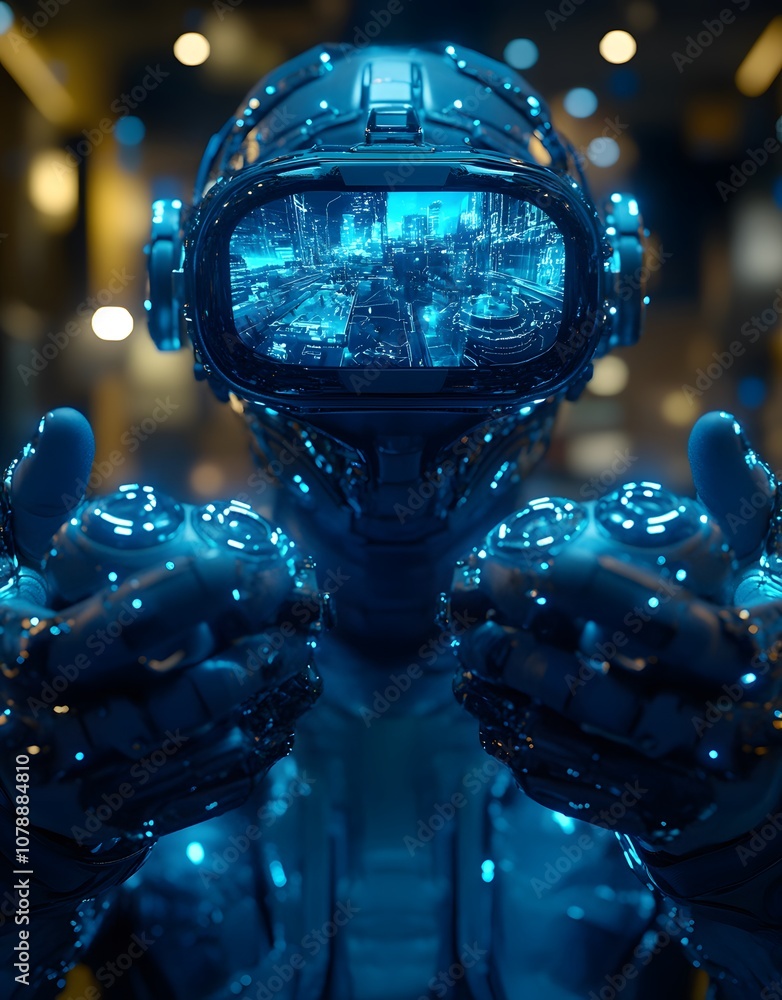 Poster a futuristic robot with a glowing visor showcasing a cityscape in its display.