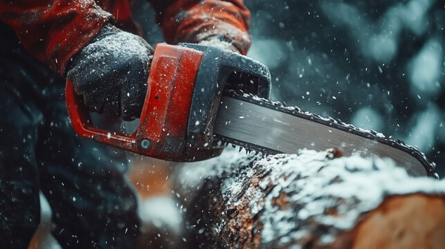 Lumberjack cutting snowy log with chainsaw in winter forest