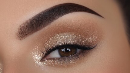 Fototapeta premium Beautiful Close-Up of Perfectly Groomed Eyebrow and Elegant Eye Makeup with Shimmering Gold and Brown Tones Highlighting Natural Beauty Elements
