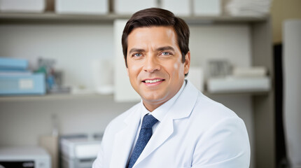 Fototapeta premium Professional Doctor Portrait in Modern Office Environment with Stethoscope - Ideal for Medical and Healthcare Content