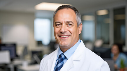 Fototapeta premium Professional Doctor Portrait in Modern Office Environment with Stethoscope - Ideal for Medical and Healthcare Content