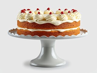 Victoria sponge cake layered with cream and topped with decorative whipped cream and cherries, displayed on a white ceramic cake stand against a neutral background