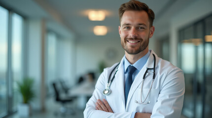 Obraz premium Professional Doctor Portrait in Modern Office Environment with Stethoscope - Ideal for Medical and Healthcare Content