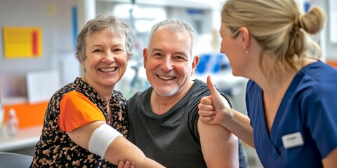 Joyful moment at a vaccination center. A senior couple smiles brightly with a healthcare worker. Their happiness reflects the importance of health. Community support shines. AI