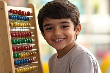 A young boy smiling and concentrating while using an abacus in a bright educational environment