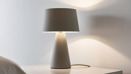 Elegant bedside lamp with a conical base and a soft white fabric shade, illuminated in a serene bedroom setting, perfect for modern interiors