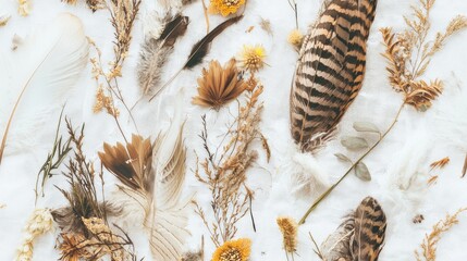 Vibrant Nature: Artistic Flat Lay of Colorful Feathers, Dried Flowers, and Twine on Textured Fabric - Ultra-Detailed Composition