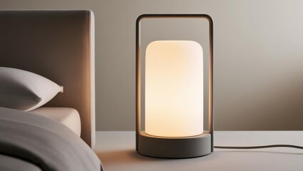 Modern bedside lamp with a frosted cylindrical shade, emitting a soft warm light, placed on a bedside table in a neutral-toned bedroom