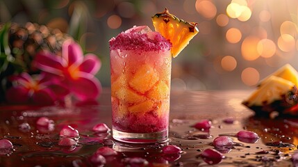 Refreshing pink and orange cocktail with pineapple garnish and ice.