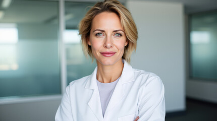 Fototapeta premium Professional Doctor Portrait in Modern Office Environment with Stethoscope - Ideal for Medical and Healthcare Content