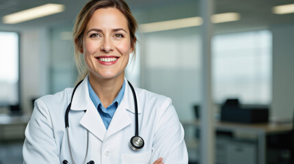 Professional Doctor Portrait in Modern Office Environment with Stethoscope - Ideal for Medical and Healthcare Content
