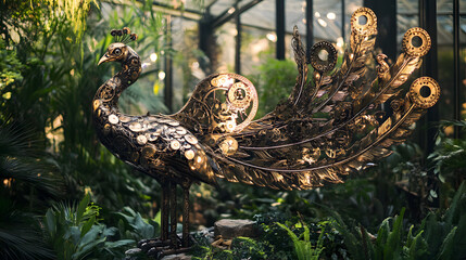 Fototapeta premium Bronze mechanical peacocks in crystal maze garden, gear-driven tail displays, prismatic afternoon light