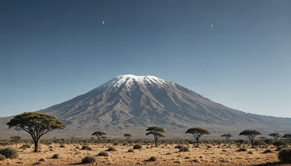 Mount Kilimanjaro stands tall against a clear blue sky, its snow-capped peak contrasting with the dry savanna below