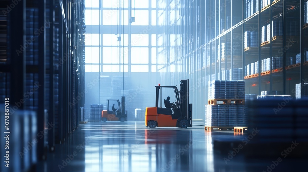 Poster forklifts moving pallets in an automated distribution