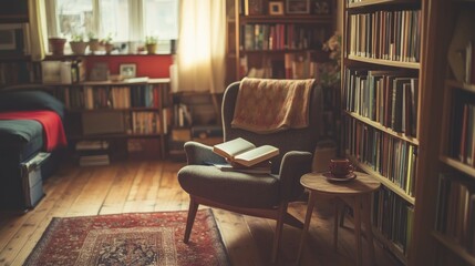 Cozy Reading Nook with a Comfortable Chair, Open Book, and Warm Light in a Home Library Setting with Bookshelves and a Rug