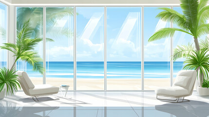 Two white lounge chairs in a modern living room with large windows overlooking a tropical beach with blue ocean and white sand.
