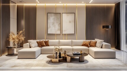 Beautiful Modern Living room Interior with furniture's ,mockup frame , posters, wall -3d Rendering