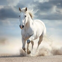 Fototapeta premium white horse running sand desert grey background jumping towards viewer avatar speedster color conquest gleaming
