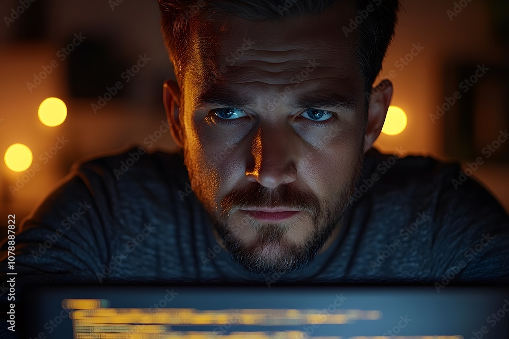 Poster a focused man working on a computer, illuminated by soft candlelight.