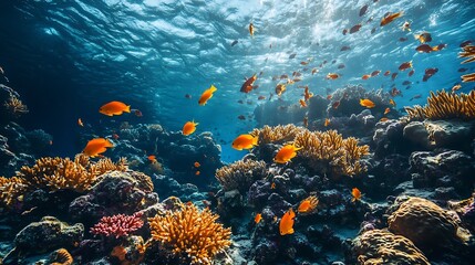 Fototapeta premium A mesmerizing underwater scene with colorful fish swimming around vibrant coral reefs in crystal-clear water.