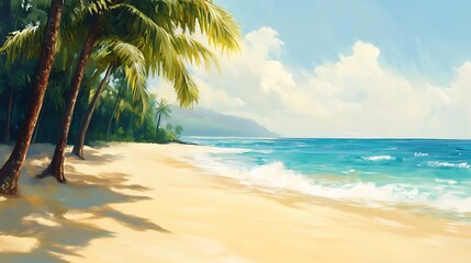 Obraz premium A serene sunlit beach with palm trees and golden sand