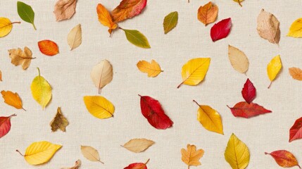 Seasonal Transition: Vibrant Autumn Foliage Flat Lay on Textured Fabric Background