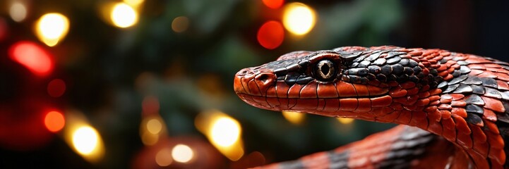 Fototapeta premium Symbol of the year of the snake on a blurred background of a Christmas tree. Banner with copy space. Merry Xmas.