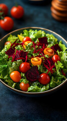 A bowl of fresh salad with cherry tomatoes, beetroot, and lettuce on a dark blue surface.