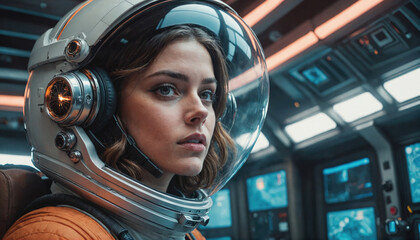Fototapeta premium A woman in a spacesuit looks intently ahead while sitting in the cockpit of a spaceship