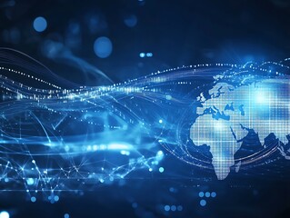 visualization of the electricity web internet world map, glowing with nodes and connections symbolizing the digital world wide web, global network connectivity, communication.