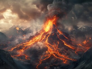 Dramatic scene of a volcano erupting with lava spewing from the crater, thick ash clouds, showcasing nature's raw power	