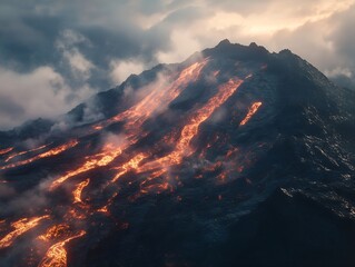 Dramatic scene of a volcano erupting with lava spewing from the crater, thick ash clouds, showcasing nature's raw power	