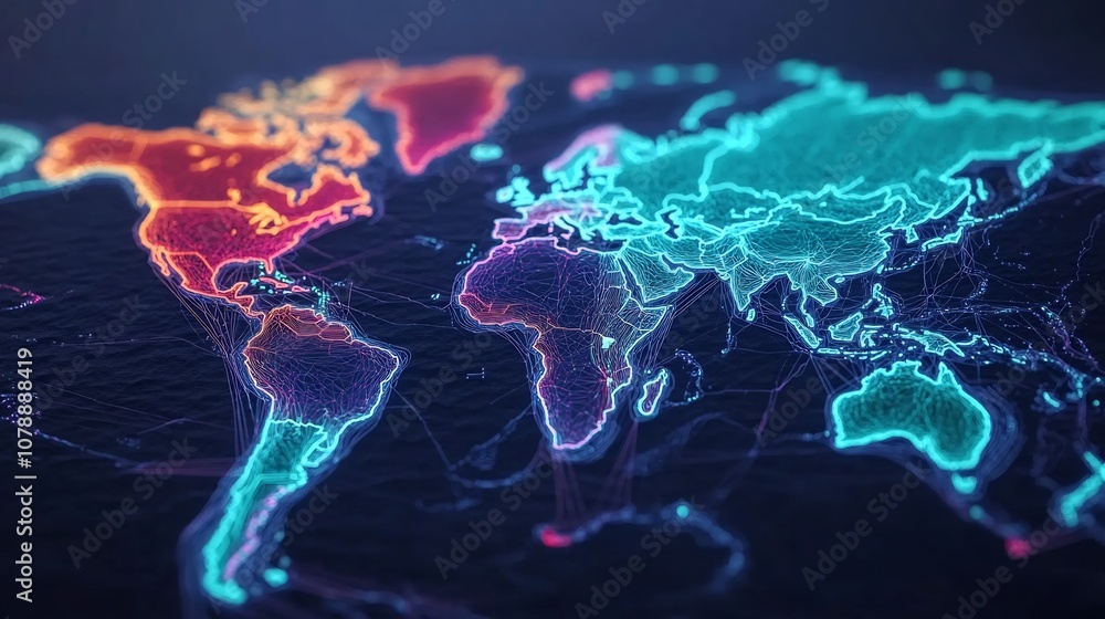 Poster vibrant global shipping forecast map with projected trade routes and connectivity displayed in 3d