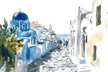 Artistic watercolor of Santorini. Watercolor of the famous city of Oia. Old famous mills. Romantic holidays and a nice souvenir. Oia, Santorini, Greece
