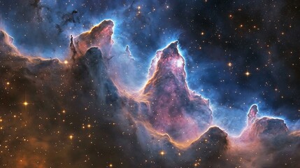 Obraz premium Cosmic nebula with swirling pink and blue clouds, with distant stars twinkling in the background