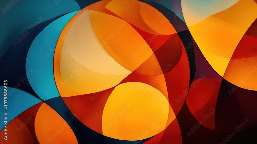 Poster abstract composition of vibrant circular shapes in warm and cool color palette featuring curves and 