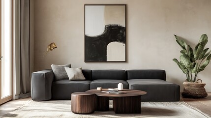 Beautiful Modern Living room Interior with furniture's ,mockup frame , posters, wall -3d Rendering