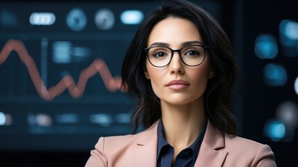 businesswoman leader. A confident professional woman with glasses stands before a data analysis backdrop, showcasing her expertise in finance or technology.