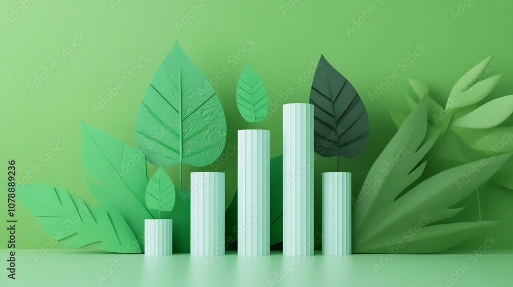 Poster sustainable business growth visualized with green leaf symbols and data graphs