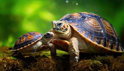 A slow, red-eared slider turtle basks in the grass, its vibrant shell contrasting with the natural surroundings