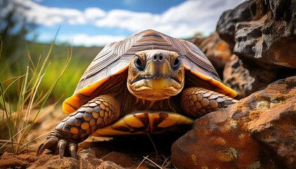 A slow, red-eared slider turtle basks in the grass, its vibrant shell contrasting with the natural surroundings