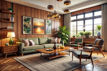 Mid-century modern living room, warm wood paneling, green velvet sofa, pendant lighting, large windows, potted plants, abstract art, leather armchairs, coffee table, cozy atmosphere, retro design, nat