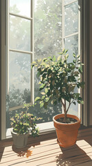 Fototapeta premium Anime Manga Illustration: Cozy Plant by the Window Nostalgic Art