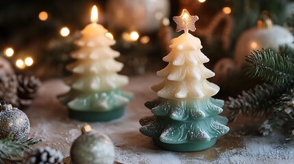 Two lit Christmas tree candles on a snowy wooden table with Christmas ornaments.
