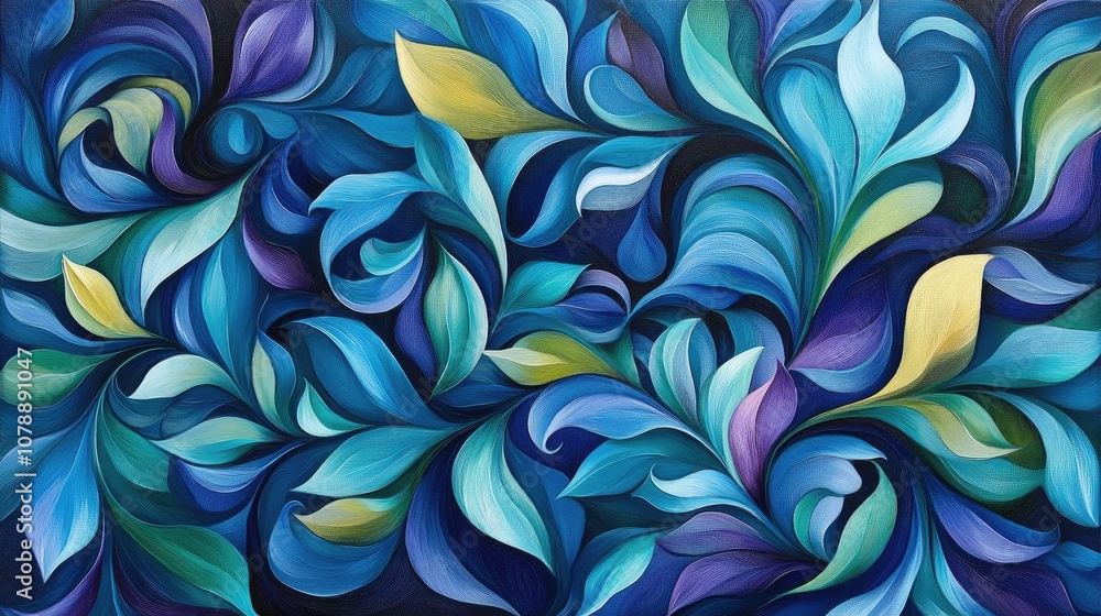 Aufkleber vibrant abstract leaf patterns in shades of blue and green with fluid lines creating a sense of move